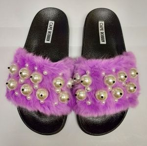 🔮 Cape Robbin lilac Moira furry fuzzy pearl bead sandals slides slip ons